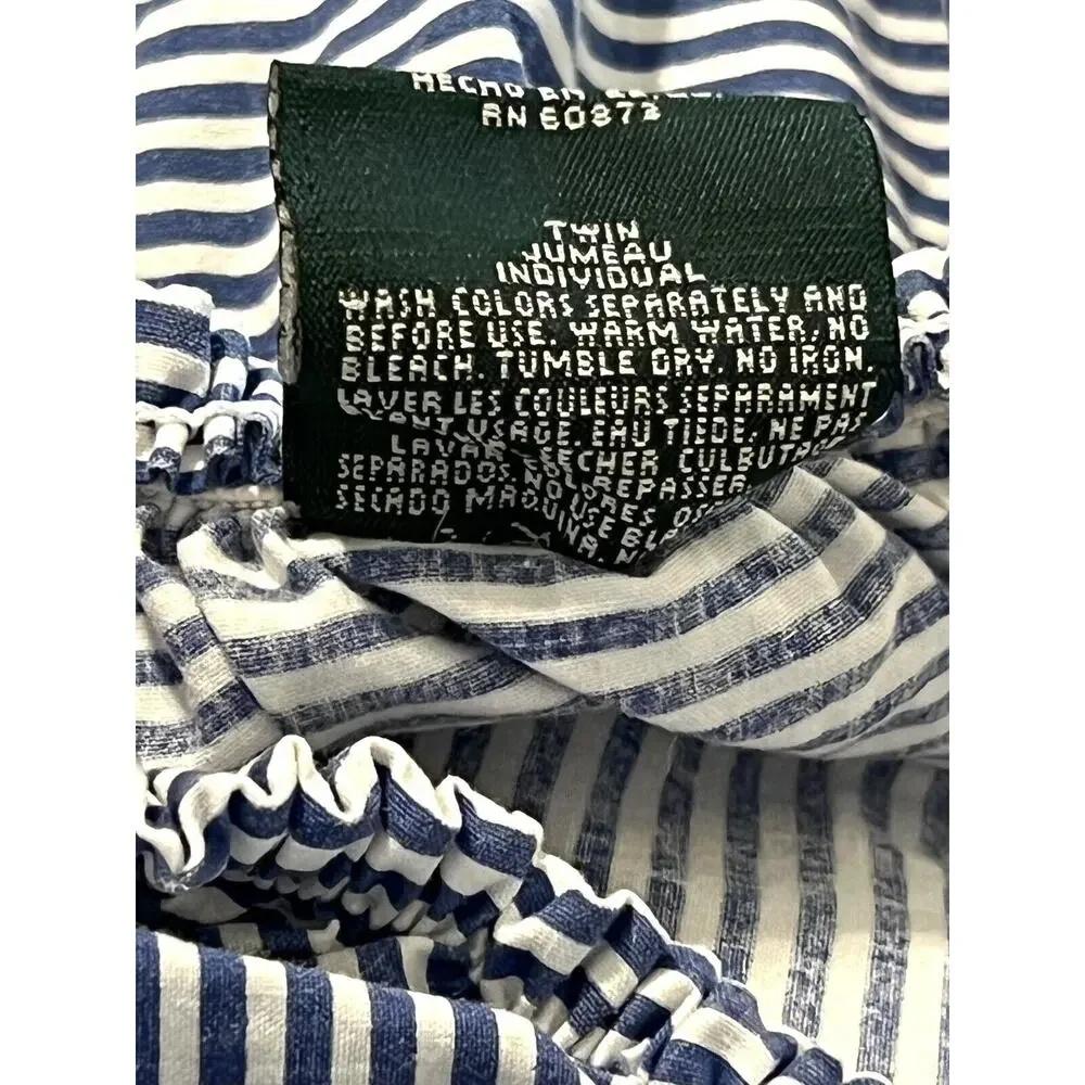 Vintage Ralph Lauren Blue White Stripe TWIN Sheet Set Flat Fitted 2 Shams *FLAW*